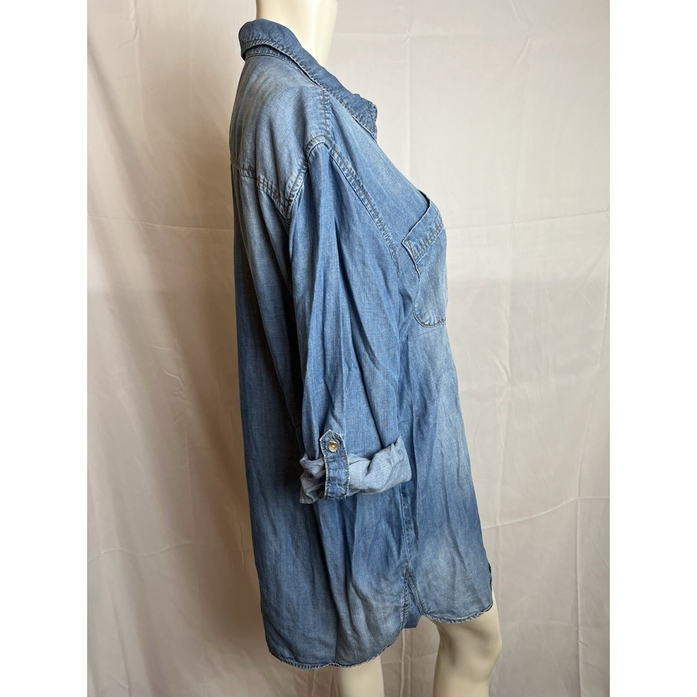 Chico's Long Denim Tunic Shirt Blue Button Up Roll Tab Sleeves 2 (12 Large) - Picture 2 of 13